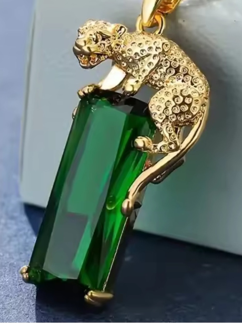 Gold Panther Pendant Necklace with Emerald Green Crystal - Picture 5 of 6